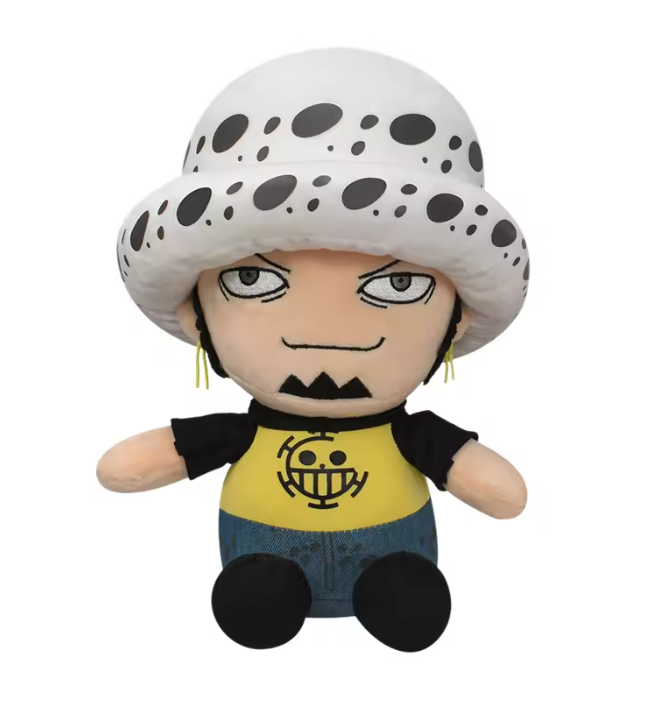 Plush toy with a character wearing a white hat with black spots, yellow shirt, and blue pants on a white background. One Piece: Trafalgar Law Premium 8.6-Inch Character Plush