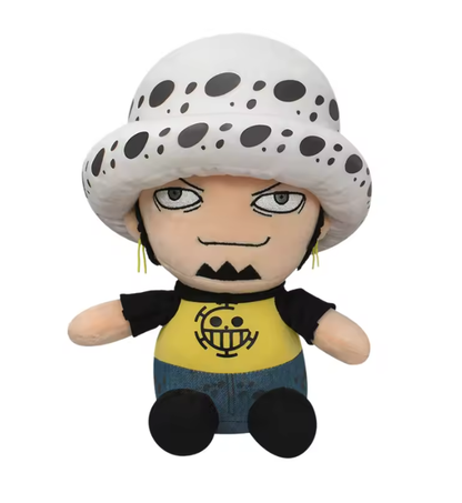 Plush toy with a character wearing a white hat with black spots, yellow shirt, and blue pants on a white background. One Piece: Trafalgar Law Premium 8.6-Inch Character Plush