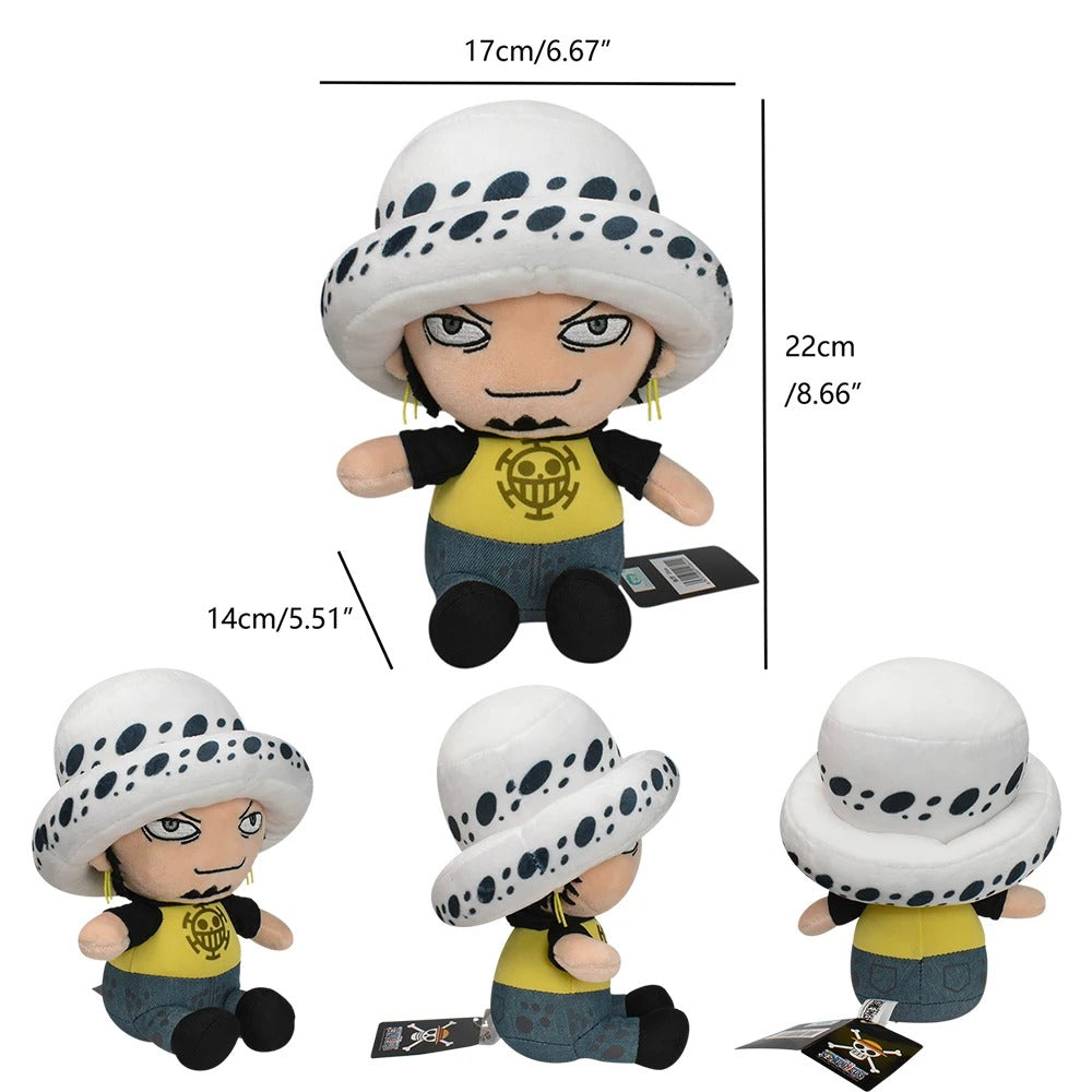 Plush toy with a white hat and measurements on a white background One Piece: Trafalgar Law Premium 8.6-Inch Character Plush