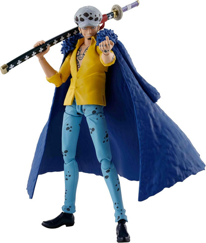 Action figure with a blue cape and yellow shirt holding a sword on a white background One Piece: Trafalgar Law (The Raid on Onigashima Ver.) Authentic S.H. Figuarts Fully Articulated Action Figure by Bandai Spirits