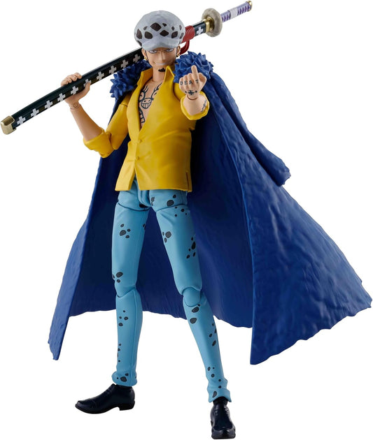 Action figure with a blue cape and yellow shirt holding a sword on a white background One Piece: Trafalgar Law (The Raid on Onigashima Ver.) Authentic S.H. Figuarts Fully Articulated Action Figure by Bandai Spirits