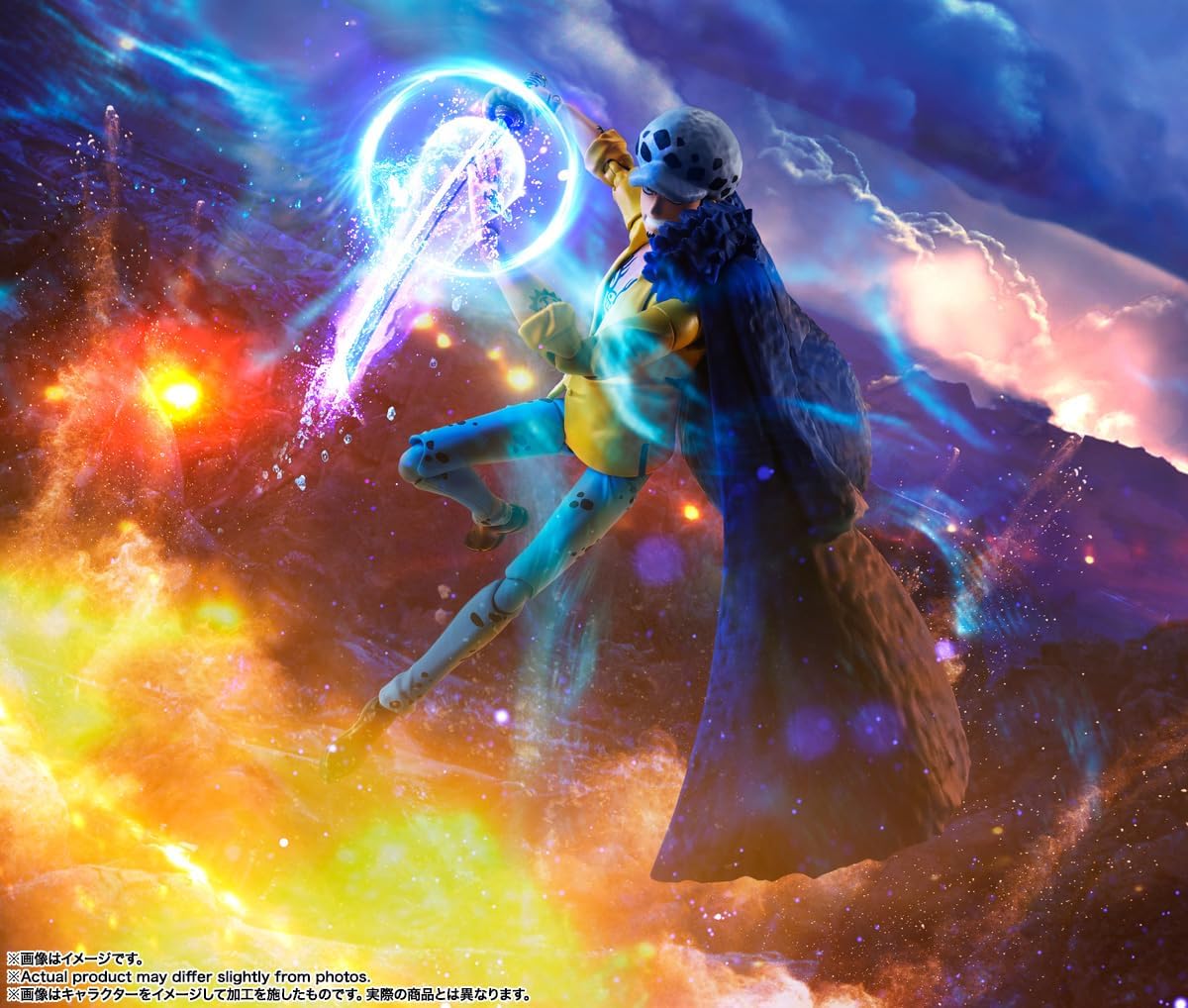 Two characters in a dynamic pose with colorful energy effects against a cosmic background One Piece: Trafalgar Law (The Raid on Onigashima Ver.) Authentic S.H. Figuarts Fully Articulated Action Figure by Bandai Spirits