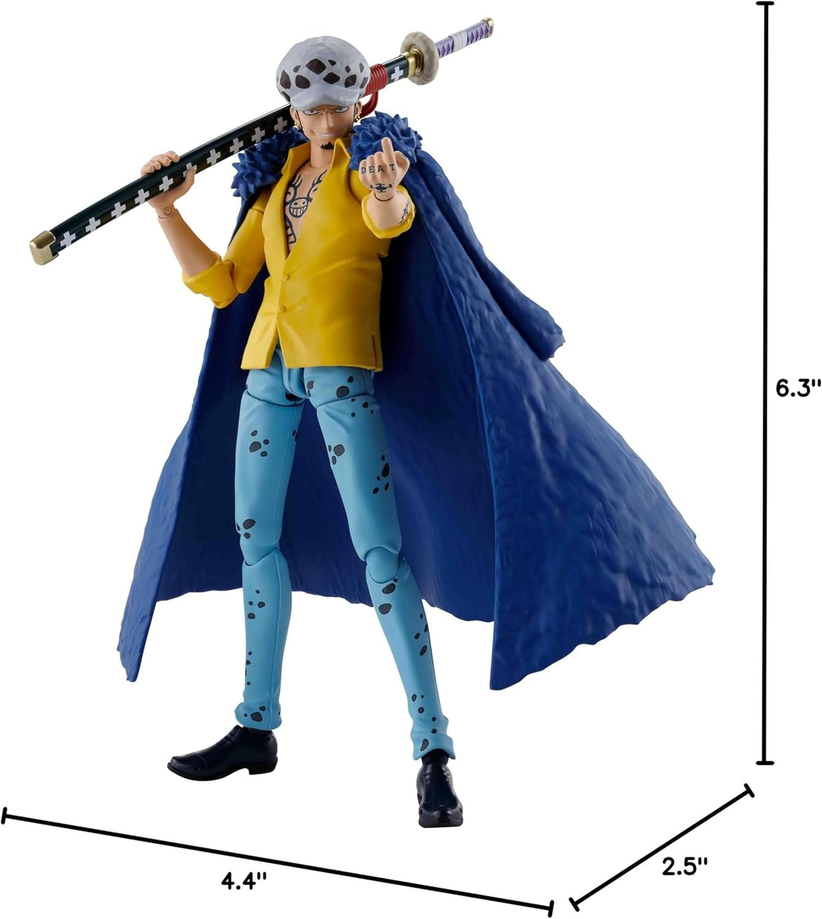 Action figure with blue cape and yellow shirt, holding a sword, with measurements on a white background One Piece: Trafalgar Law (The Raid on Onigashima Ver.) Authentic S.H. Figuarts Fully Articulated Action Figure by Bandai Spirits