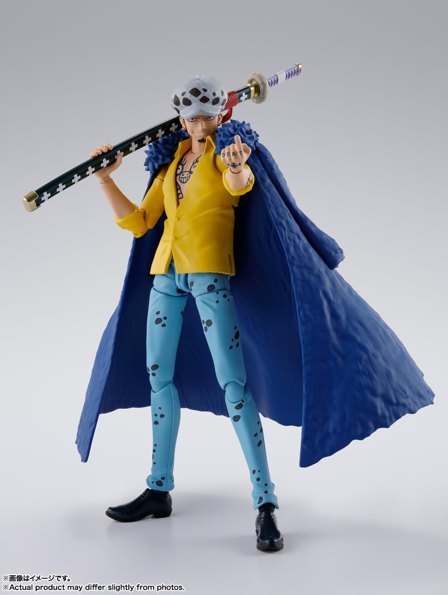 Action figure with a large sword on a gray background One Piece: Trafalgar Law (The Raid on Onigashima Ver.) Authentic S.H. Figuarts Fully Articulated Action Figure by Bandai Spirits