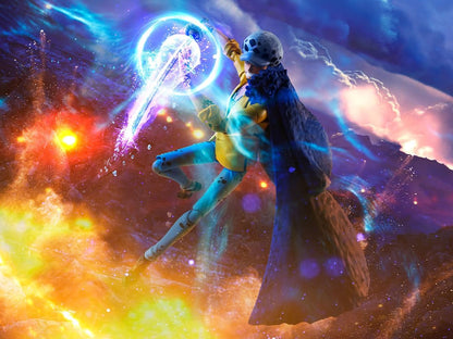 Character in a fantasy setting with colorful energy effects and a starry background One Piece: Trafalgar Law (The Raid on Onigashima Ver.) Authentic S.H. Figuarts Fully Articulated Action Figure by Bandai Spirits