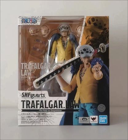 Action figure packaging of Trafalgar Law from Sh Figuarts series on a white background One Piece: Trafalgar Law (The Raid on Onigashima Ver.) Authentic S.H. Figuarts Fully Articulated Action Figure by Bandai Spirits
