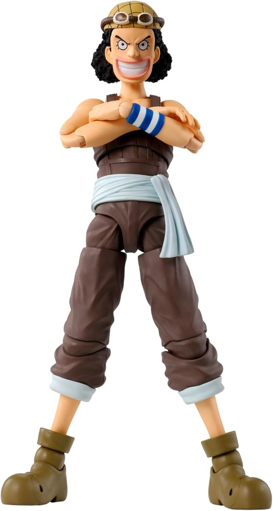 Action figure of a character from a popular anime series on a white background One Piece: Usopp (Romance Dawn Ver.) Authentic S.H. Figuarts Fully Articulated Action Figure by Bandai Spirits