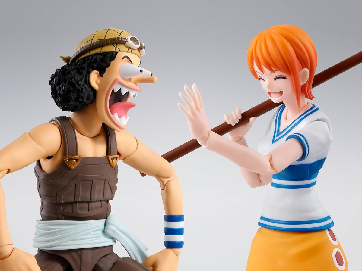 Two animated character figurines in a dynamic pose against a gray background One Piece: Usopp (Romance Dawn Ver.) Authentic S.H. Figuarts Fully Articulated Action Figure by Bandai Spirits