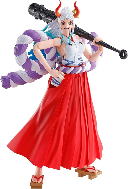 Figurine of a character with red skirt and white top, holding a weapon, on a white background One Piece: Yamato (The Raid on Onigashima Ver.) Authentic S.H. Figuarts Fully Articulated Action Figure by Bandai Spirits