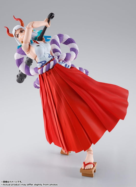 Action figure with red skirt and white top on a gray background One Piece: Yamato (The Raid on Onigashima Ver.) Authentic S.H. Figuarts Fully Articulated Action Figure by Bandai Spirits