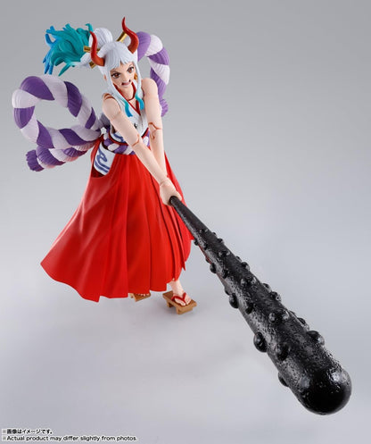 Action figure of a character from an animated series on a gray background One Piece: Yamato (The Raid on Onigashima Ver.) Authentic S.H. Figuarts Fully Articulated Action Figure by Bandai Spirits