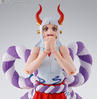 Figurine with white hair, red horns, and a snake-like tail on a gray background One Piece: Yamato (The Raid on Onigashima Ver.) Authentic S.H. Figuarts Fully Articulated Action Figure by Bandai Spirits