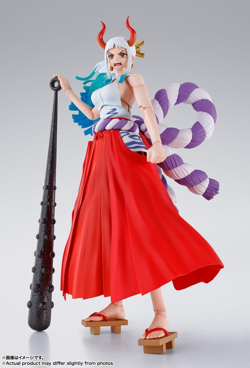 Action figure with red skirt and blue hair on a white background One Piece: Yamato (The Raid on Onigashima Ver.) Authentic S.H. Figuarts Fully Articulated Action Figure by Bandai Spirits