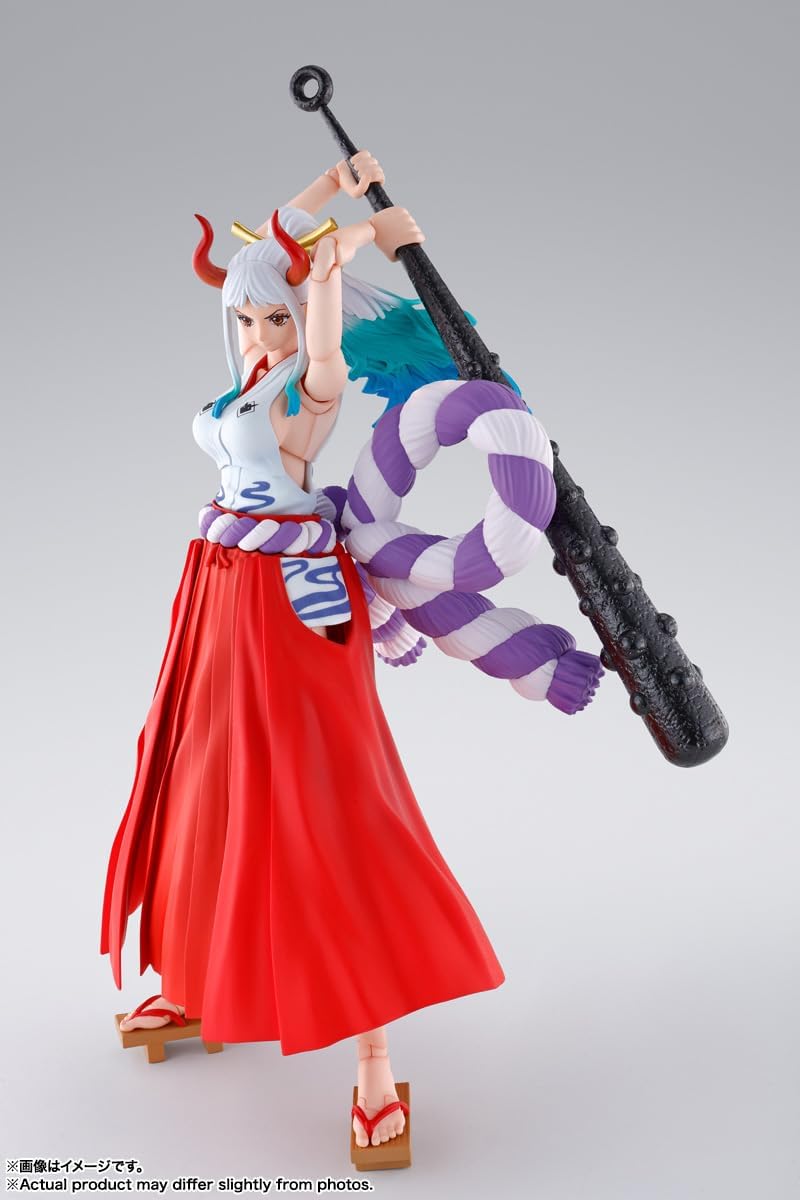 Action figure of a character in a red skirt and colorful outfit with a large weapon on a gray background One Piece: Yamato (The Raid on Onigashima Ver.) Authentic S.H. Figuarts Fully Articulated Action Figure by Bandai Spirits