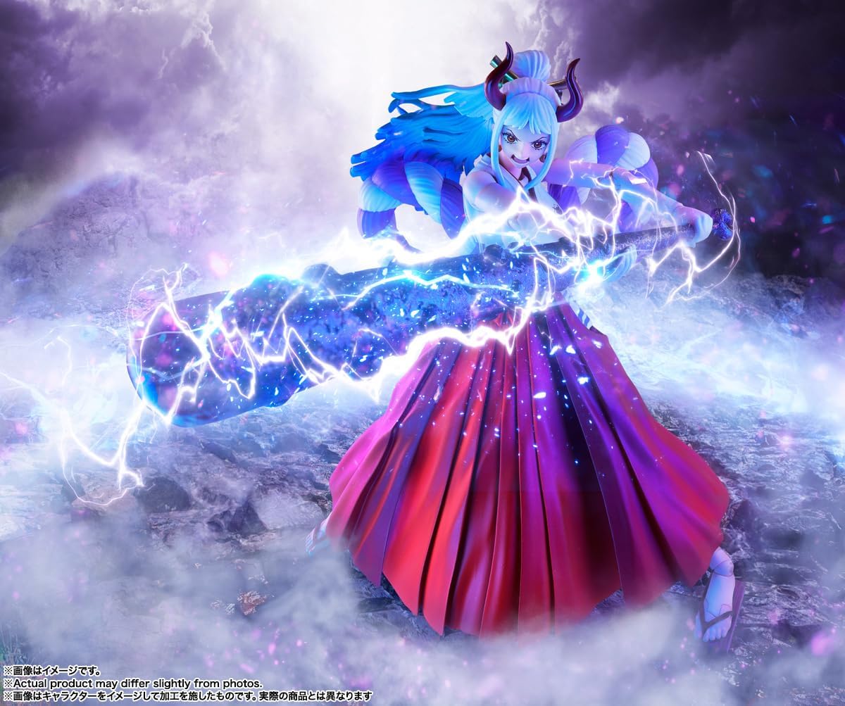Animated character with blue hair and a red dress surrounded by glowing energy effects in a snowy landscape. One Piece: Yamato (The Raid on Onigashima Ver.) Authentic S.H. Figuarts Fully Articulated Action Figure by Bandai Spirits