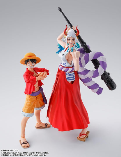 Two action figures on a gray background One Piece: Yamato (The Raid on Onigashima Ver.) Authentic S.H. Figuarts Fully Articulated Action Figure by Bandai Spirits