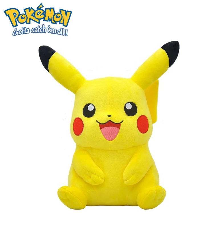 Plush toy of Pikachu with a white background and Pokemon logo. Official Pokémon Pikachu Premium Cotton Plush by Titantoons – 8-Inch