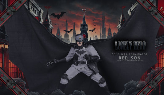 Character in a dark costume with a cityscape and bats in the background, featuring text 'Lonely Hero'. Red Cold War Terminator (JM001) 1/12 Scale Collectible Action Figure by Joy Man Toys