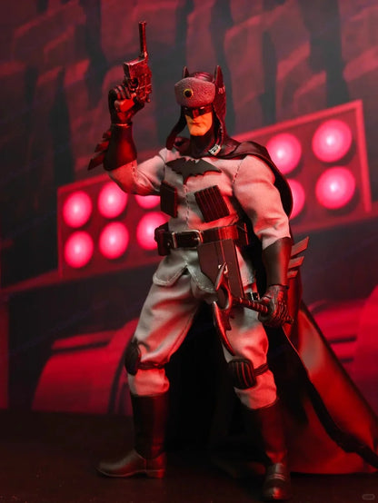 Action figure of a superhero in a dark costume with red accents, holding a gun, against a red-lit background. Red Cold War Terminator (JM001) 1/12 Scale Collectible Action Figure by Joy Man Toys 