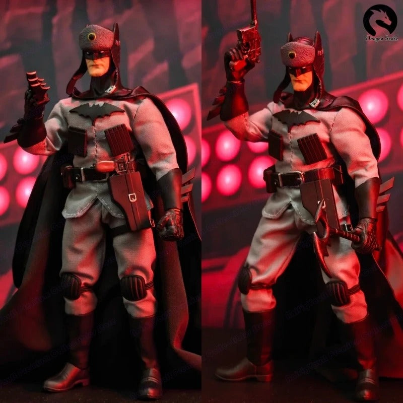 Two action figures of a superhero in a dynamic pose against a red and black background. Red Cold War Terminator (JM001) 1/12 Scale Collectible Action Figure by Joy Man Toys