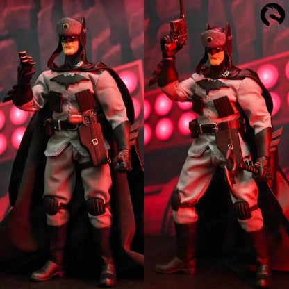 Two action figures of a superhero in a dynamic pose against a red and black background. Red Cold War Terminator (JM001) 1/12 Scale Collectible Action Figure by Joy Man Toys