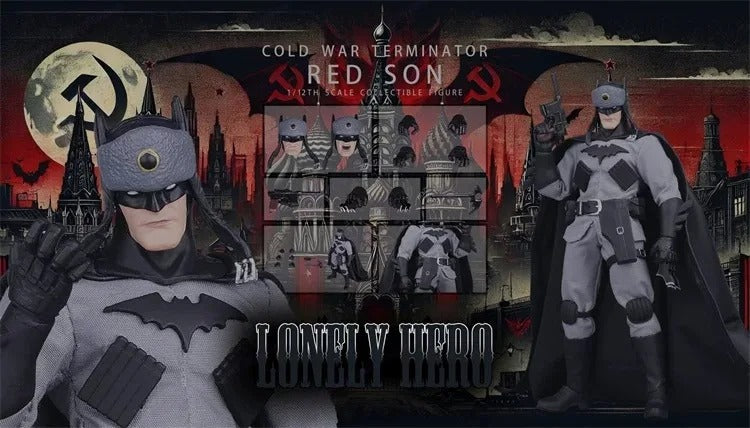 Batman figure with packaging for 'Red Son' in a dark, cityscape setting Red Cold War Terminator (JM001) 1/12 Scale Collectible Action Figure by Joy Man Toys