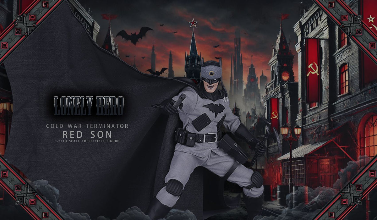 Comic book style illustration of a superhero in a dark, urban setting with red accents. Red Cold War Terminator (JM001) 1/12 Scale Collectible Action Figure by Joy Man Toys