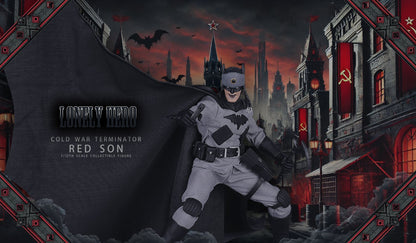 Comic book style illustration of a superhero in a dark, urban setting with red accents. Red Cold War Terminator (JM001) 1/12 Scale Collectible Action Figure by Joy Man Toys