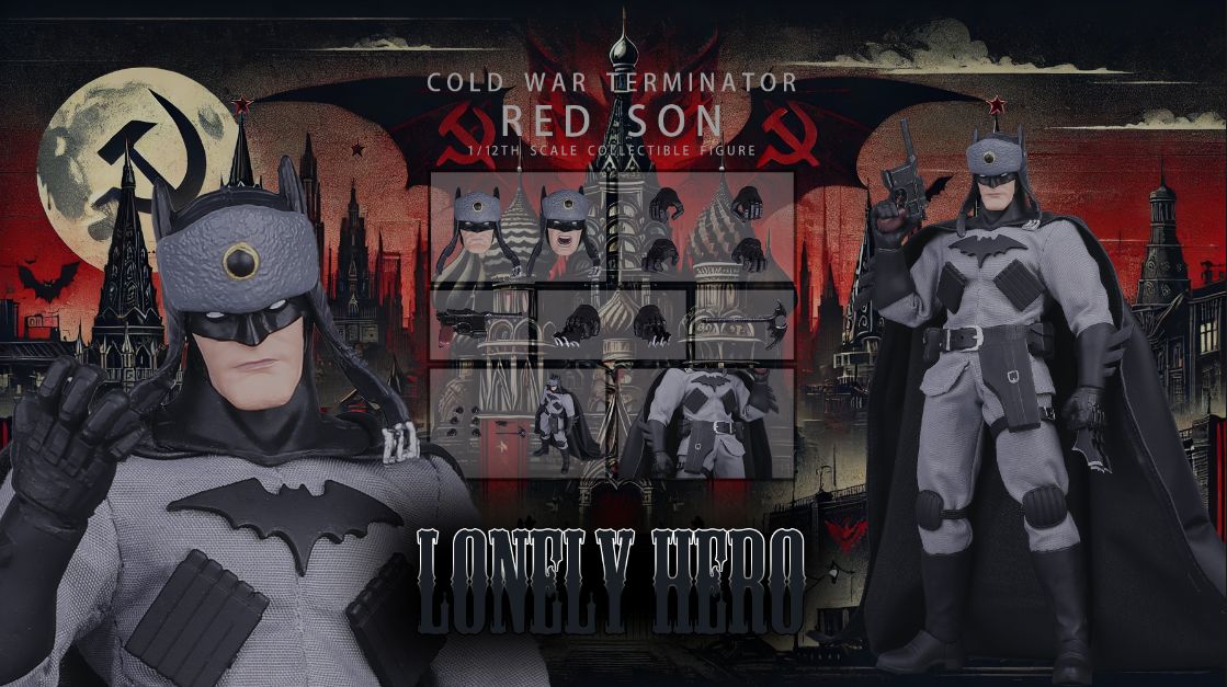 Batman figure with packaging for 'Red Son' in a dark, cityscape background Red Cold War Terminator (JM001) 1/12 Scale Collectible Action Figure by Joy Man Toys