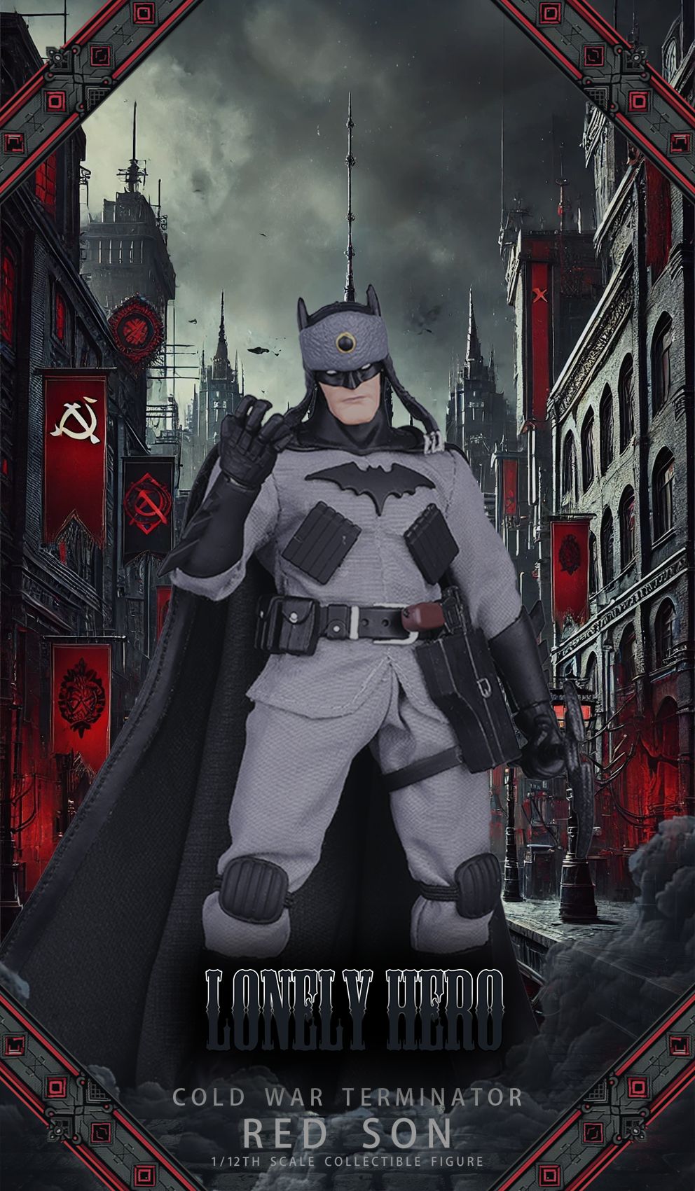 Character in a gray superhero costume with a dark, industrial background Red Cold War Terminator (JM001) 1/12 Scale Collectible Action Figure by Joy Man Toys