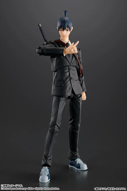 Action figure in a black suit with a katana on a dark background S.H.Figuarts Chainsaw Man Aki Hayakawa Authentic Action Figure – 6.1-Inch Public Safety Devil Hunter Fully Articulated Premium Action Figure