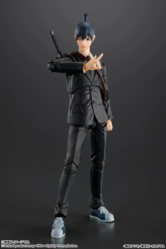 Action figure in a black suit with a katana on a dark background S.H.Figuarts Chainsaw Man Aki Hayakawa Authentic Action Figure – 6.1-Inch Public Safety Devil Hunter Fully Articulated Premium Action Figure