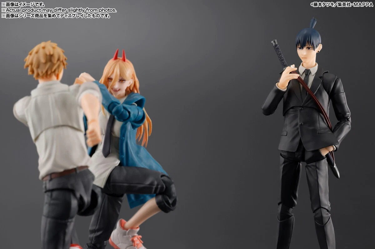 Three action figures in a dynamic pose against a gray background S.H.Figuarts Chainsaw Man Aki Hayakawa Authentic Action Figure – 6.1-Inch Public Safety Devil Hunter Fully Articulated Premium Action Figure set 1