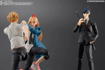 Three action figures in a dynamic pose against a gray background S.H.Figuarts Chainsaw Man Aki Hayakawa Authentic Action Figure – 6.1-Inch Public Safety Devil Hunter Fully Articulated Premium Action Figure set 1