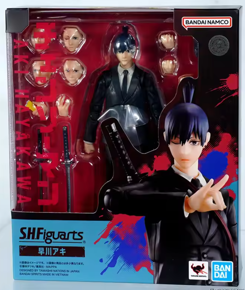 SHFiguarts action figure packaging with character holding a guitar and 'BANDAI' branding. S.H.Figuarts Chainsaw Man Aki Hayakawa Authentic Action Figure – 6.1-Inch Public Safety Devil Hunter Fully Articulated Premium Action Figure box