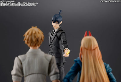 Three figurines in a dynamic pose against a dark background S.H.Figuarts Chainsaw Man Aki Hayakawa Authentic Action Figure – 6.1-Inch Public Safety Devil Hunter Fully Articulated Premium Action Figure set