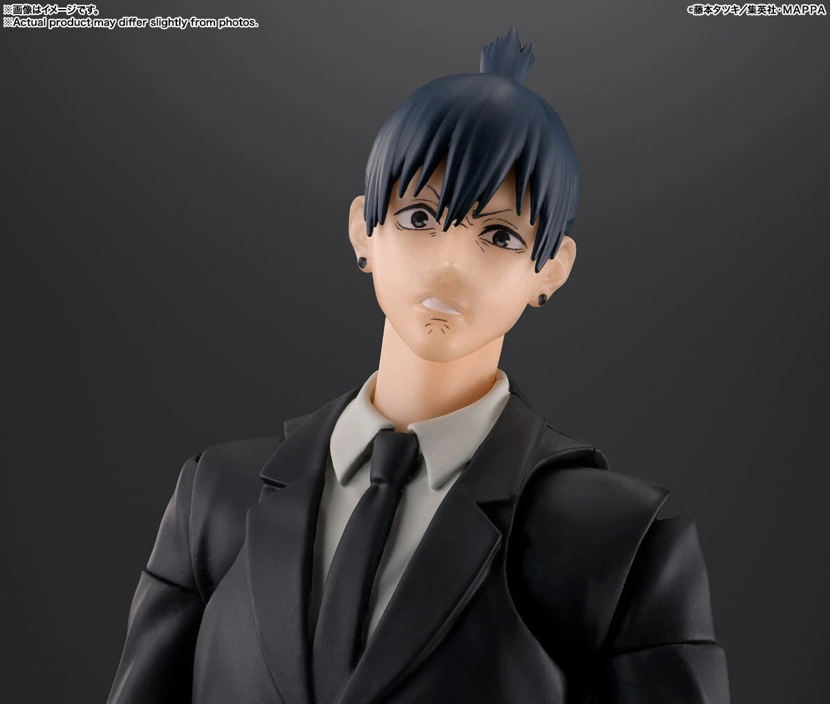 Figure of a person in a black suit with a gray shirt and tie against a dark background S.H.Figuarts Chainsaw Man Aki Hayakawa Authentic Action Figure – 6.1-Inch Public Safety Devil Hunter Fully Articulated Premium Action Figure face