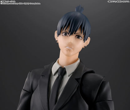 Figure of a person in a black suit with a gray shirt and tie against a dark background S.H.Figuarts Chainsaw Man Aki Hayakawa Authentic Action Figure – 6.1-Inch Public Safety Devil Hunter Fully Articulated Premium Action Figure face