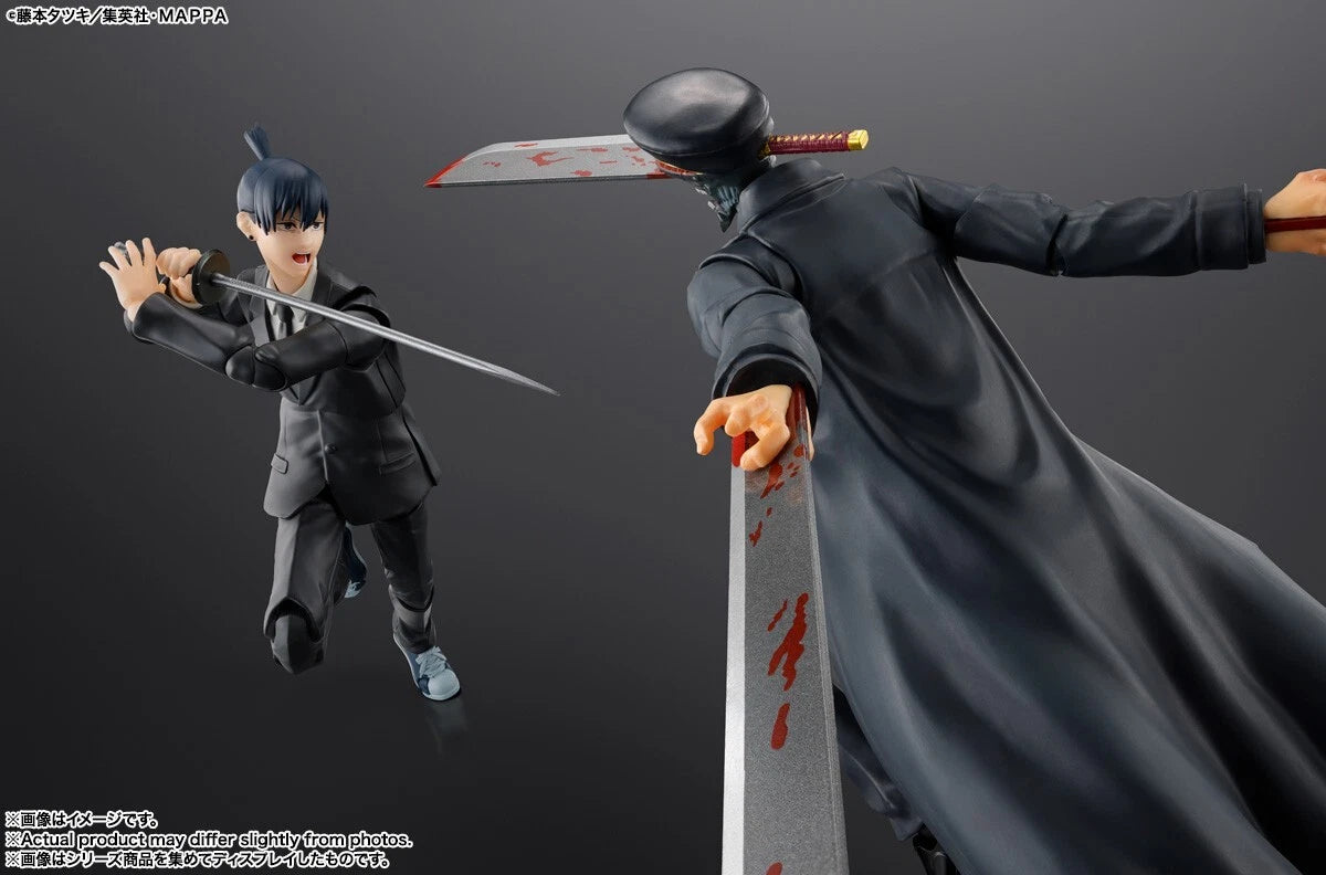 Two action figures in a dynamic pose with swords on a dark background S.H.Figuarts Chainsaw Man Aki Hayakawa Authentic Action Figure – 6.1-Inch Public Safety Devil Hunter Fully Articulated Premium Action Figure fight