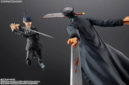 Two action figures in a dynamic pose with swords on a dark background S.H.Figuarts Chainsaw Man Aki Hayakawa Authentic Action Figure – 6.1-Inch Public Safety Devil Hunter Fully Articulated Premium Action Figure fight