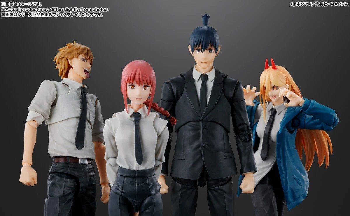 Four action figures in formal attire against a dark background S.H.Figuarts Chainsaw Man Aki Hayakawa Authentic Action Figure – 6.1-Inch Public Safety Devil Hunter Fully Articulated Premium Action Figure friends