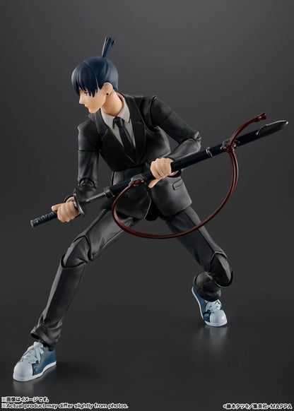 Action figure in a suit holding a weapon on a dark background S.H.Figuarts Chainsaw Man Aki Hayakawa Authentic Action Figure – 6.1-Inch Public Safety Devil Hunter Fully Articulated Premium Action Figure side