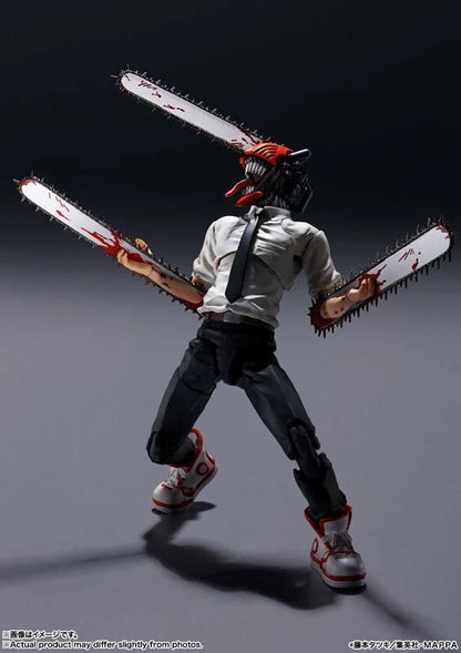 Action figure with a chainsaw on a gray background S.H.Figuarts Chainsaw Man Authentic Action Figure – 5.9-Inch Fully Articulated Premium Collectible Character Statue by Bandai Tamashii Nations