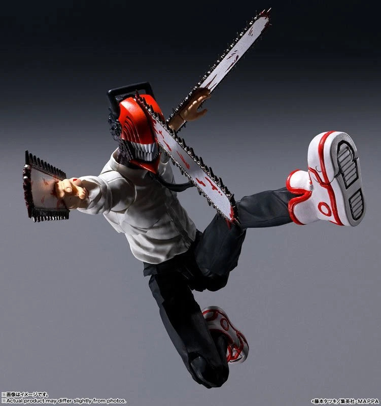 Action figure with a chainsaw in a dynamic pose on a dark background S.H.Figuarts Chainsaw Man Authentic Action Figure – 5.9-Inch Fully Articulated Premium Collectible Character Statue by Bandai Tamashii Nations jump
