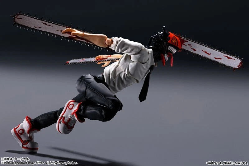 Action figure with a chainsaw in a dynamic pose against a dark background S.H.Figuarts Chainsaw Man Authentic Action Figure – 5.9-Inch Fully Articulated Premium Collectible Character Statue by Bandai Tamashii Nations run