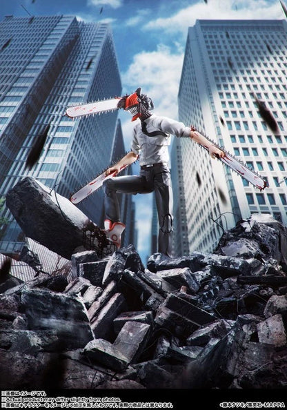 Person in superhero costume with chainsaw against a cityscape background S.H.Figuarts Chainsaw Man Authentic Action Figure – 5.9-Inch Fully Articulated Premium Collectible Character Statue by Bandai Tamashii Nations wreckage