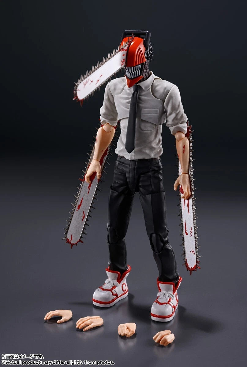 Action figure with a chainsaw for a head, wearing a shirt and pants, on a dark background. S.H.Figuarts Chainsaw Man Best Selection Authentic Action Figure – 15cm Fully Articulated Tamashii Nations Store Limited Exclusive Edition set