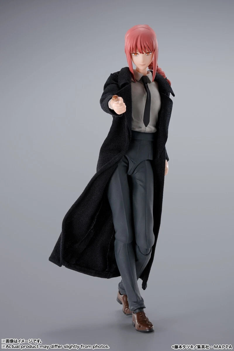 Action figure of a character in a long coat and pants on a gray background S.H.Figuarts Chainsaw Man Makima Authentic Action Figure – 5.5-Inch Fully Articulated Premium Collectible Statue by Bandai Tamashii Nations 1