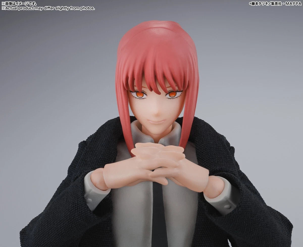 Anime character figurine with red hair and a black coat on a gray background S.H.Figuarts Chainsaw Man Makima Authentic Action Figure – 5.5-Inch Fully Articulated Premium Collectible Statue by Bandai Tamashii Nations close up