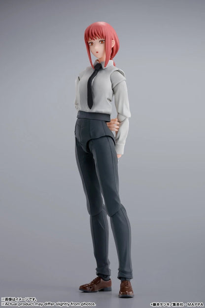 Figure of a character with pink hair and a gray outfit on a gray background S.H.Figuarts Chainsaw Man Makima Authentic Action Figure – 5.5-Inch Fully Articulated Premium Collectible Statue by Bandai Tamashii Nations cute